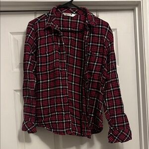 Pink and Black Plaid Button-Up Flannel Shirt